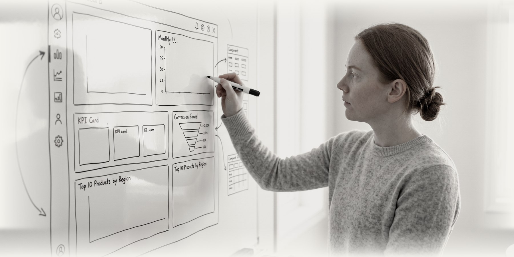 She draws the structure out by hand on a whiteboard